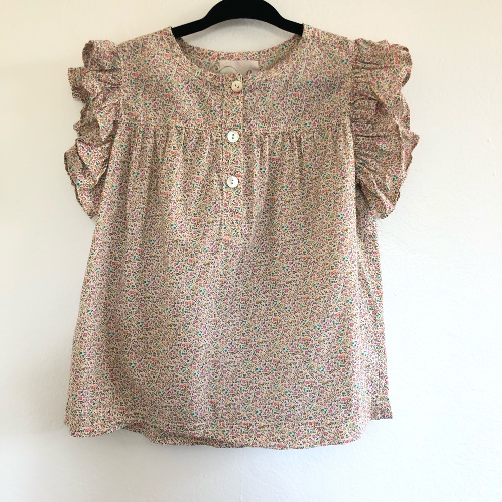 Peek Micro Floral Print Ruffle Sleeve Top